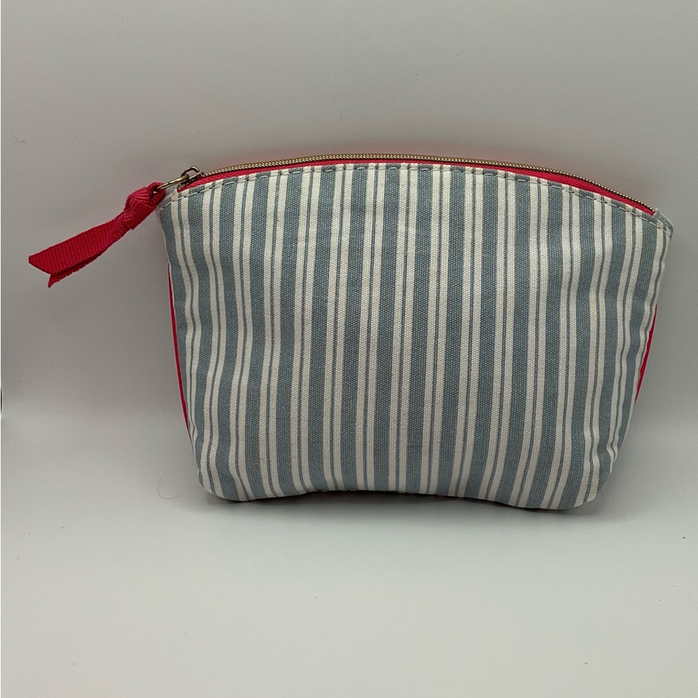 ipsy Striped Denim and White Cosmetic Bag with Pink Zipper